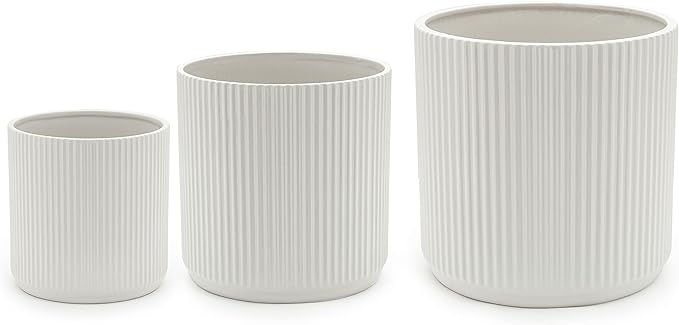 Amazon Basics Assorted Sizes Fluted Ceramic Round Indoor Outdoor Planters with Drainage Hole, Set of 3, Modern Design, 6 inch, 8 inch, 10 inch, White, Succulent Flower Pots