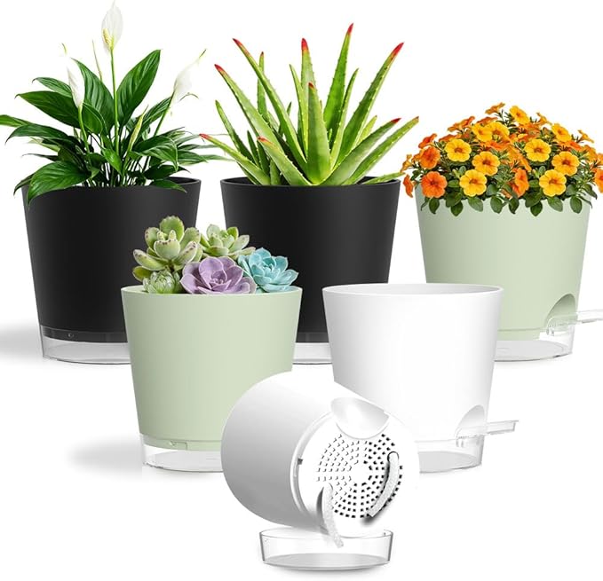 Self Watering Pots for Plants, 2026 New Flower Plant Pots with Drainage Holes, Wicking and Clear Reservoirs for Succulent, Aloe, Cacti and Others - 6 Pack (Colorful, 5")