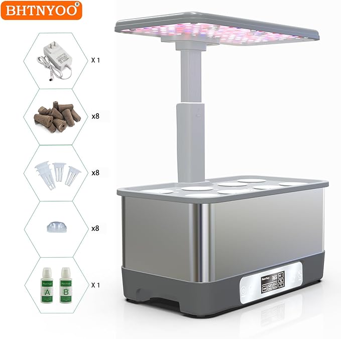 Indoor Herbs Garden,WiFi&APP-Hydroponics Growing System Kit,BHTNYOO/8 Pods Soilless Planting Gardening Boxs with LED Grow Lights,Water Pump, Timer,Timer,for Home(Grey)