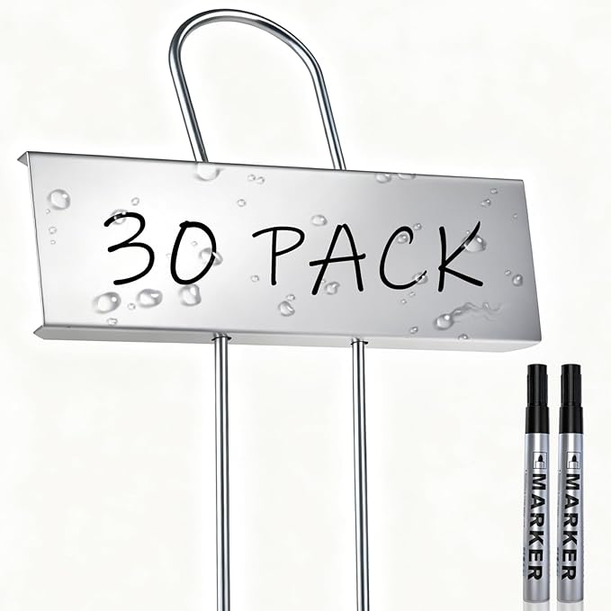30-Pack Rust-Proof Metal Plant Labels with Galvanized Stakes, Height 10.6" Label Area 3.5"x1.2", Waterproof Weatherproof Garden Markers, Reusable Tags with 2 Pens (Silver)