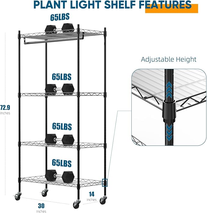 Plant Shelf with Grow Light, 4-Tier Metal Grow Light Shelf with Hanging Rod and Adjustable Rack,3-Pack 6000K T12 LED Full Spectrum Grow Lights for Seed Starting, Succulents, Built-in Timer