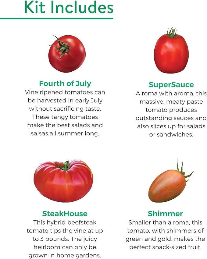 Burpee Best Starter Kit, SuperSauce, Fourth of July, Shimmer & Steakhouse, 4 Tomato Seed Packets, 4 Pots, 4 Coir Pellets & 4 Plant Markers