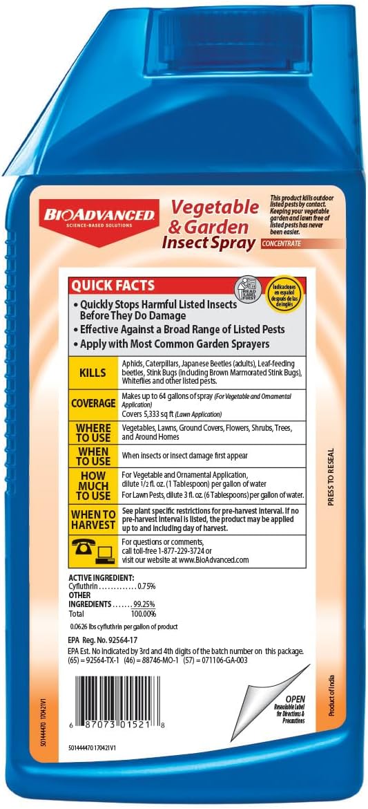 BioAdvanced Vegetable and Garden Insect Spray, Concentrated Insecticide, 32-Ounce, Plant Pest Spray