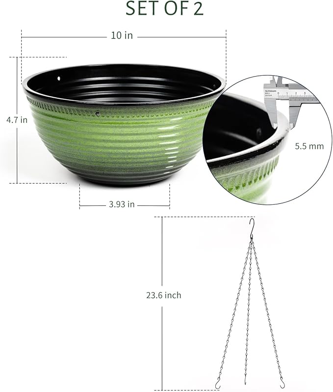 Vanslogreen 10 Inch Hanging Planter, 2 Pack Hanging Planters for Indoor Outdoor Plants, Hanging Pots with Drainage Holes for Garden Home (Green)