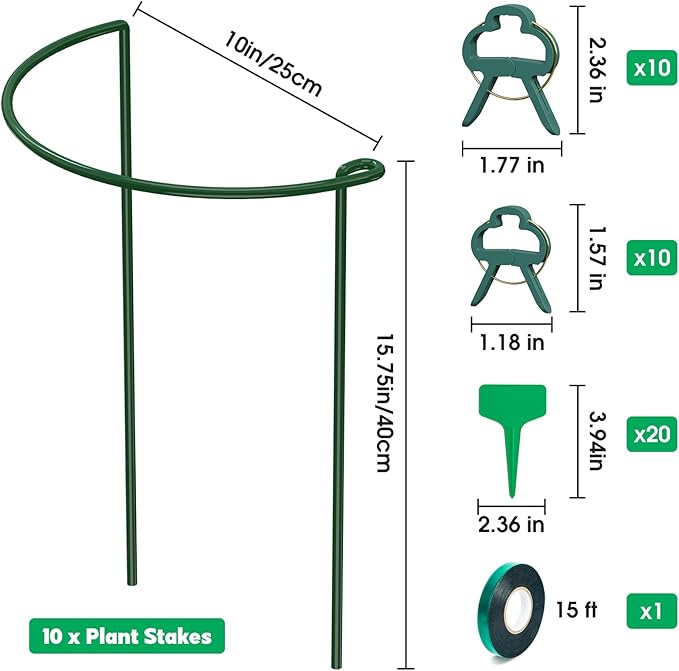 Unves 10 Pack Plant Support Stakes, 10" W x 16" H Half Round Peony Cages and Supports, Metal Peony Cage Plant Ring for Outdoor Plants Tomato Flower Vine, with Garden Labels, Clips and Ties