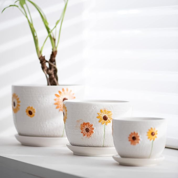 Ton Sin Plant Pots,Set of 3 Ceramic Sunflower Flower Pots for Indoor Plants,4+5+6 inch Pots with Drainage Hole Saucer,Garden Pots Catus Planters