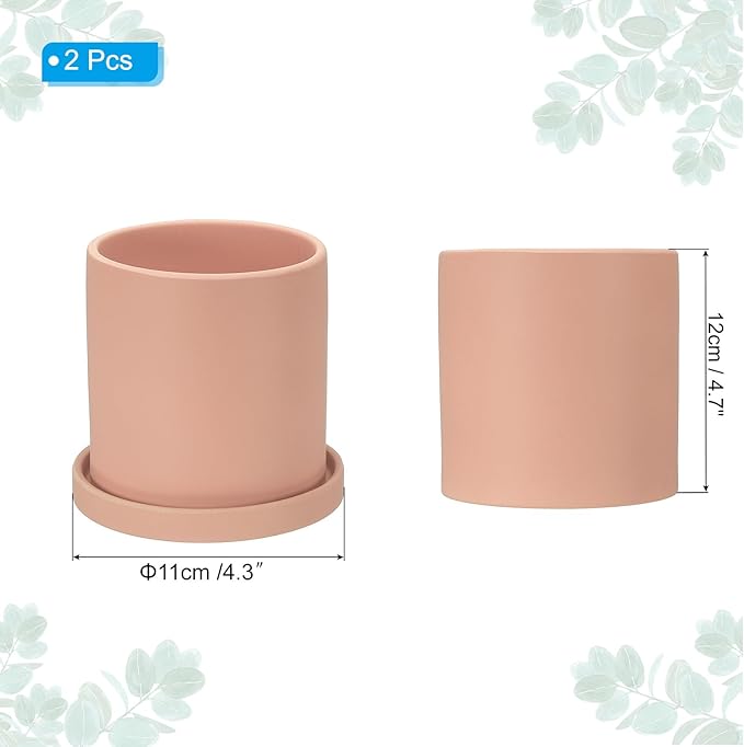 PATIKIL 4.3 Inch Ceramic Plant Pots, 2 Pack Modern Flower Planters with Drainage Holes and Tray for Decorate Home Indoor Plants Succulent Herb, Pink