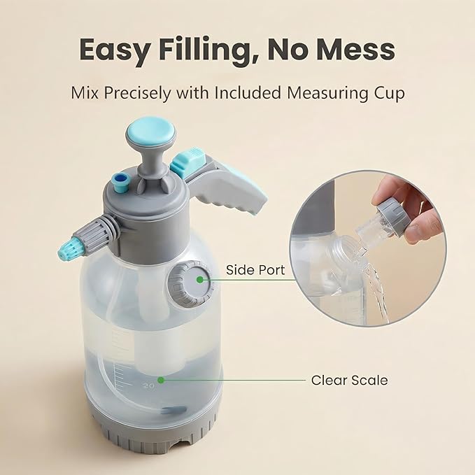 70oz/0.5 Gallon Hand Pump Sprayer,Clear Water Spray Bottle with Measuring Cup and Side Filling Port,Adjustable Nozzles,Portable Pressure Spray Bottle for Spraying Plants,Flowers,Weeds and Cleaning
