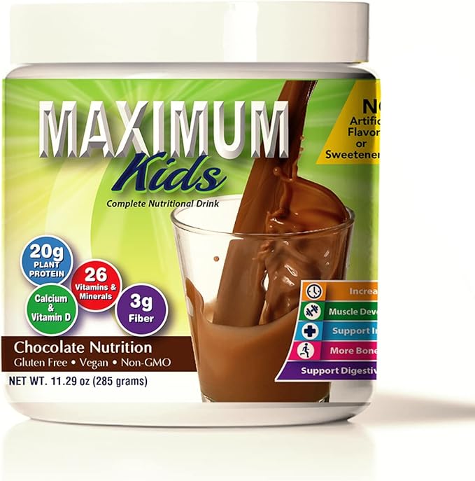 Maximum Kids Complete Organic Powder Mix. Great Tasting, Easy to use, Complete Nutritional Drink with 26 Vitamins and Minerals, 20g of Plant Protein, 3g of Fiber. Kid Tested. Parents Approved.