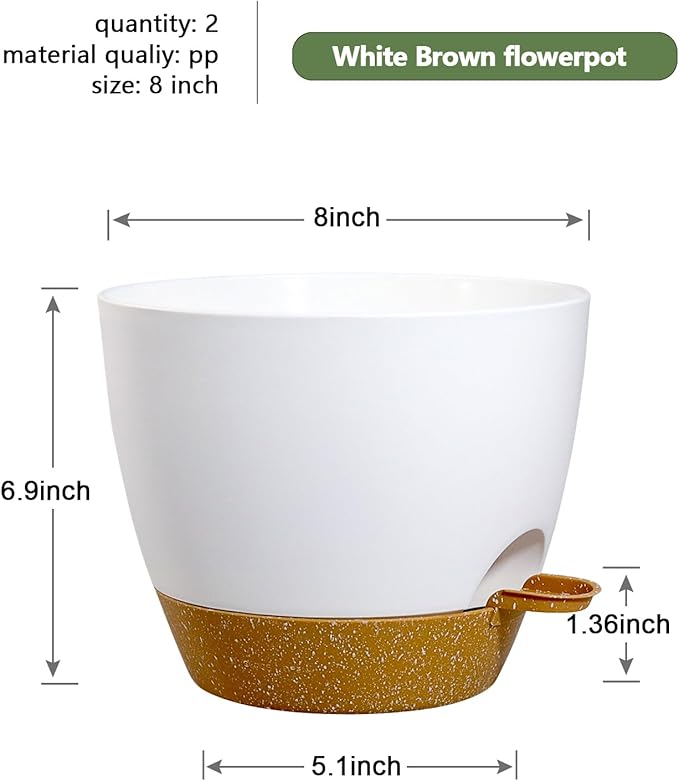 WSMKSZ 8 inch Self Watering Pots, 2 Pack Plastic Planters with Mesh Drainage Holes for Garden Plants and Flower, Plants Pots with Deep Reservoir for Indoor Outdoor Plants, White with Brown