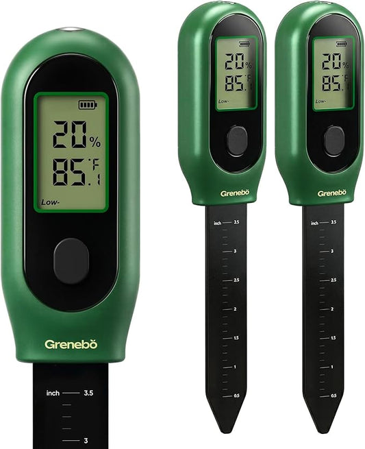 Grenebo 3-in-1 Soil Moisture Meter, Digital Plant Water Meter, Temperature & Sunlight Intensity Sensor, LCD Display Soil Tester for Gardening, Farming, Plant Care, Indoor & Outdoor Plants, 2 Pack