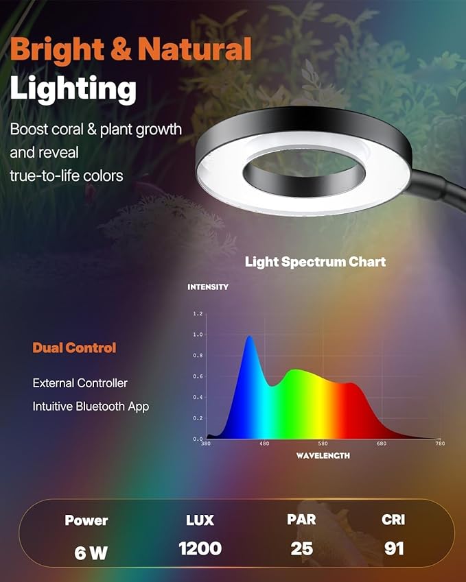 Pawfly Aquarium Light, 6 W Bluetooth Fish Tank Light, Full Spectrum Clip On Aquarium Lights for 1-5 Gallon Tanks, USB 24/7 LED Lights with Timer & Adjustable Brightness (Adapter Not Included)