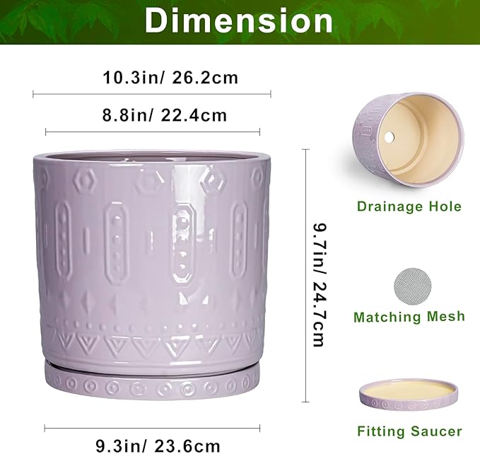 Eightpot 10 Inch Planter, Ceramic Plant Pots for Indoor Outdoor, Round Pot for Plants with Drainage Hole and Sacuer, Boho Plant Pot, Decorative Flower Pots, Living Room Decor, Purple