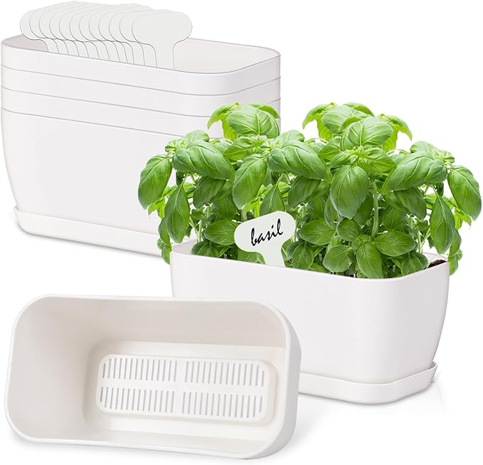 Oliz 6 Set Window Herb Planter Box Rectangular, White Plastic Planters with Multiple Drainage Holes and Trays,Indoor Succulent Cactus Mint Flower Pot for Windowsill, Garden Balcony