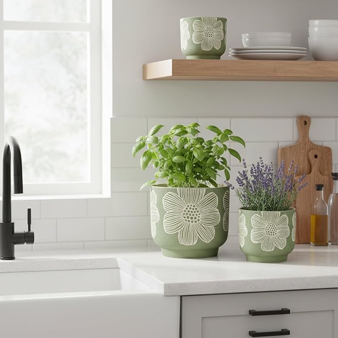 Succulent Pots 6 Inch, Plant Pot for Plants with Drainage Hole, Green Ceramic Planter Modern Floral Pattern, Round Flower Pots for Indoor Plants and Snake Plants - 1 Pack