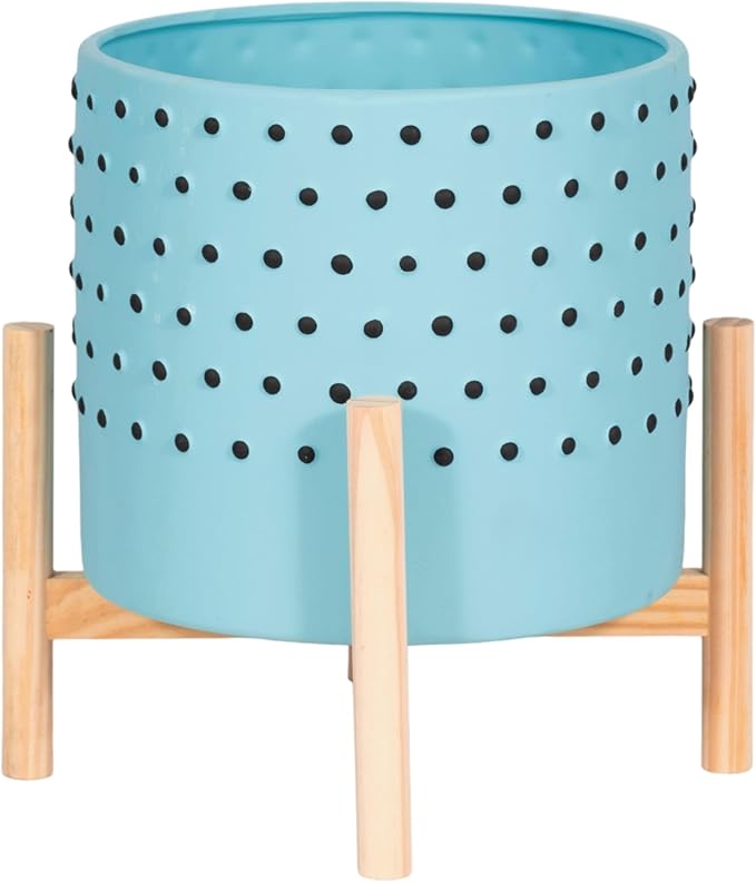 Ceramic Planter With Stand Indoor – Plant Stand Indoor For Elevated Greenery, Living Room Or Patio Placement, Textured Blue Home Decor Design Adds Height And Visual Impact – 11", Blue