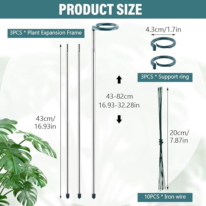 3 Pack Extendable Monstera Plant Support Stakes, Aluminum Alloy, Tomato Stakes Length Adjust from 16.93" to 32.28", Single Stem Support Stakes for Plant Flowers,Rose, Orchid