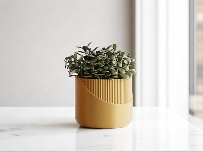 Modern Geometric Planter with Stand – Decorative Indoor Plant Pot with Ridged Top & Smooth Bottom, Stylish Planter for Succulents, Herbs, Small Plants (Gold - Smooth Body with Ridges and Stand)