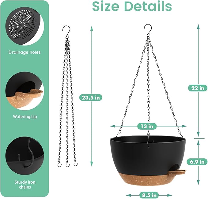 UOUZ 13 Inch 2 Pack Large Self Watering Hanging Planters for Indoor Outdoor Plants, Hanging Plant Pots with Removable 50 Oz Reservoir, Plastic Hanging Basket for Window Porch Garden, Black with Brown
