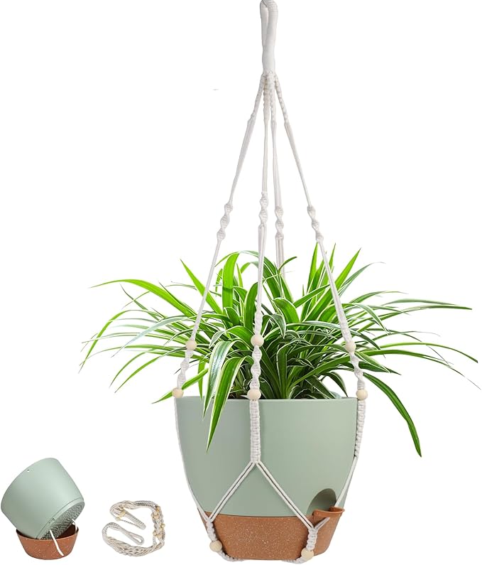 Vanslogreen 41.5 Inch Macrame Plant Hanger Indoor Outdoor with 12 Inch Flower Pot, Hanging Planter for Plants Holder with Wood Beads for Boho Home Decor (Ivory+Green)