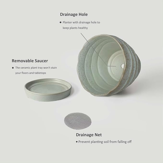 Medium Pots for Plants, 6in Plant Pots with Drainage & Saucer, Ceramic Flower Pots for Indoor Plants, Light Green