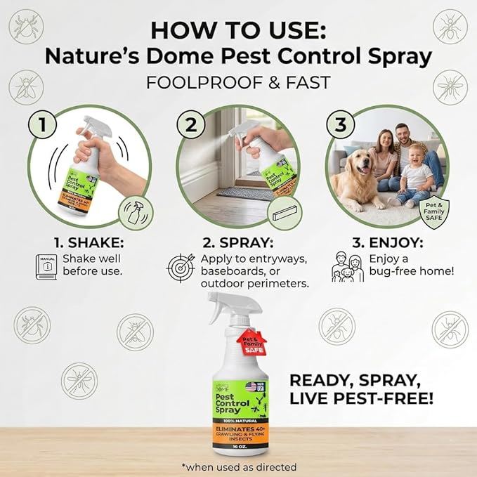 Nature’s Dome Pest Control Spray 16 Oz | 100% Natural Ant Killer & Bug Spray for Indoor & Outdoor Use | Eco-Friendly Bug Spray for Flea, Ticks, Ant & Mosquitos | Safe for Pets and Kids
