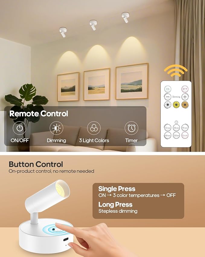 GOODEA Spotlights Indoor with Remote, 3000mAh Rechargeable Battery Plant Spotlight Indoor, Wireless Uplights with 3 Colors & Dimmable, Picture Light for Painting, Accent Lighting(4 Pack, White)