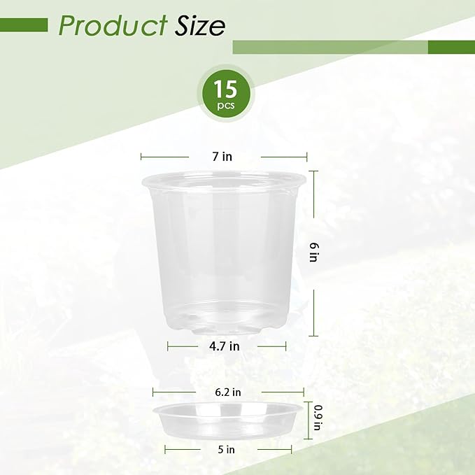 FUIJOL 7 Inch Clear Nursery Pots for Plants with Sacuers 15 Pack, Plastic Flower Pots with Drainage Holes, Variety Pack Seedlings Garden Pot for Indoor Outdoor (7 inch)