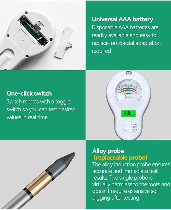6-in-1 Soil Moisture Meter, PH Tester, Soil Moisture, Fertility, Sunshine Intensity, Temperature, Humidity, with Removable Probe for Gardens, Lawns, Farms (Including 1*AAA Batteries) (3)
