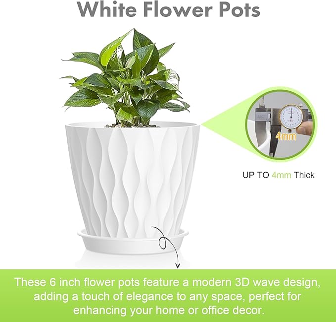 Meowell 6 inch Flower Pots, 5 Pack Plant Pots for Indoor Outdoor Plants, Water Ripples Plastic Planters with Drainage Holes and Saucers, Nursery Pots for Small Succulent Garden House Plants, White