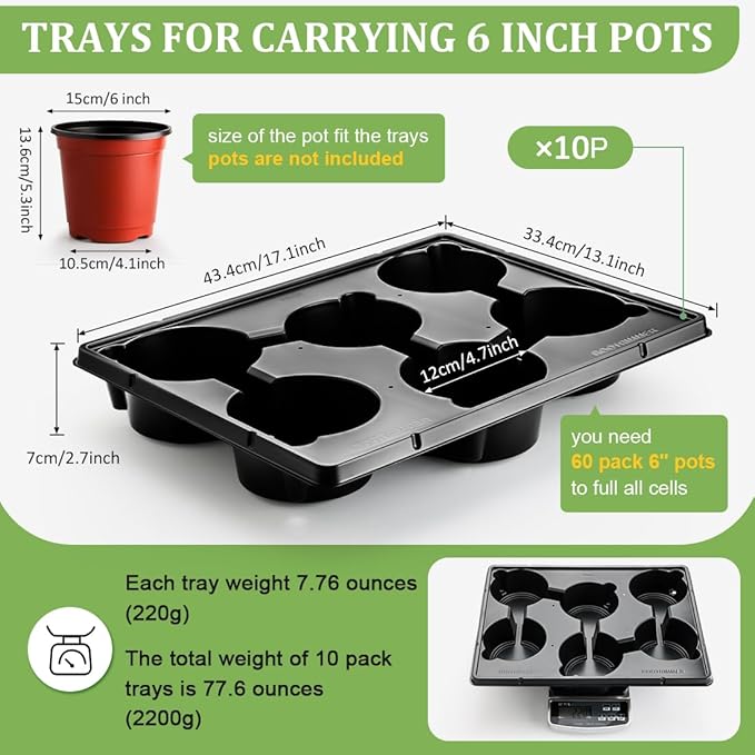 RooTrimmer 6 Cell Round Nursery Pot Trays for 6 Inch Pots, Thickened Sturdy Seedling Pot Shuttle Tray, Durable Nursery Pots Carrying Tray for Holding 6 Inch Plastic Plant Pots(17.08"×13.14", 10-Pack)