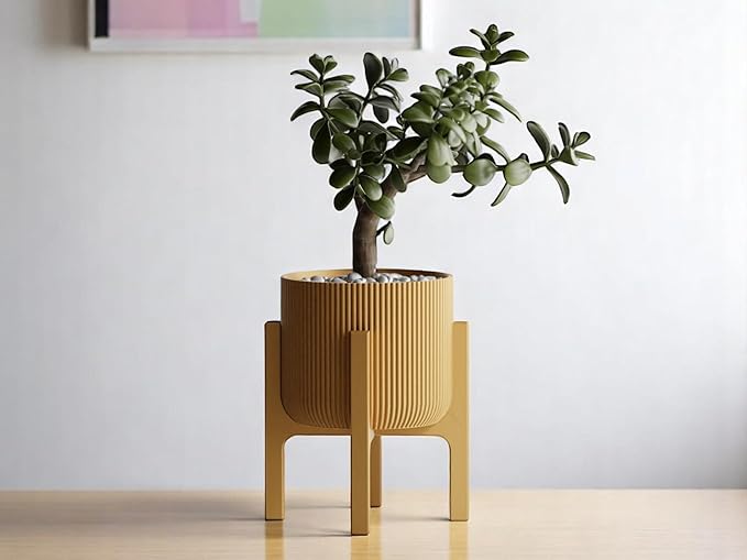 Modern Geometric Planter with Stand – Decorative Indoor Plant Pot with Ridged Top & Smooth Bottom, Stylish Planter for Succulents, Herbs, Small Plants (Gold - Ridges only and Stand)