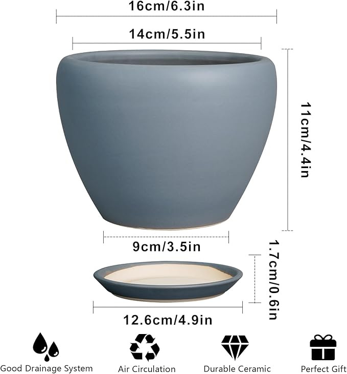 Ceramicfor Ceramic Pot for Plants - 6 Inch Plant Pot Indoor with Drainage Hole and Saucer Decorative Planter for Outdoor Plants Modern Succulent Pots Round Flower Pots Gray