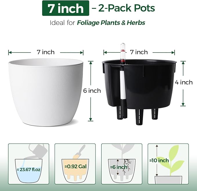T4U Self Watering Pots for Indoor Plants, 7 Inch Self Watering Planters with Water Level Indicator, Bottom Watering African Violet Pots for Beginners & Busy Plant Owners, BPA-Free (2 Pack, White)