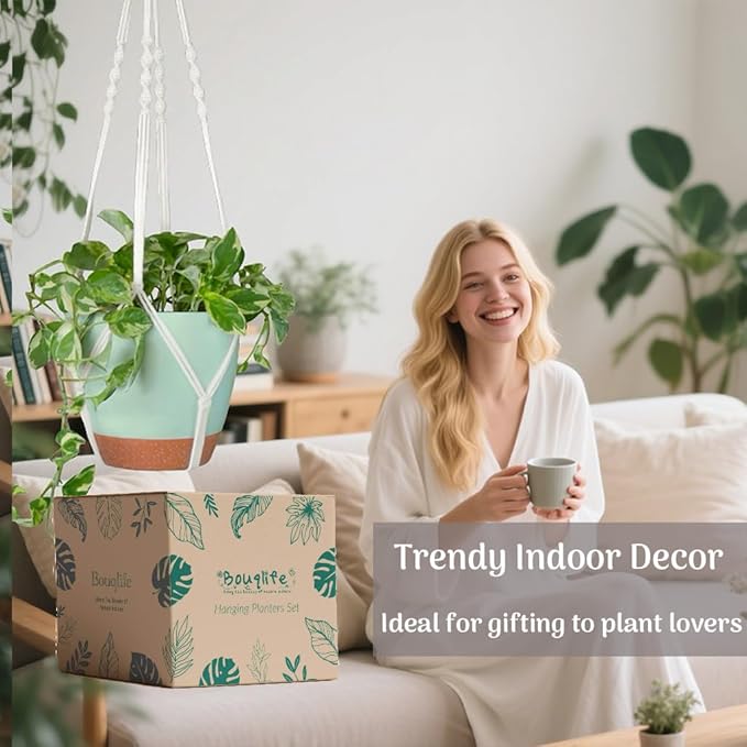 Bouqlife Self Watering Hanging Planters for Indoor Plants 3 Pack Macrame Plant Hangers with Drainage Holes Pots and Hooks for Home Garden Decor Green