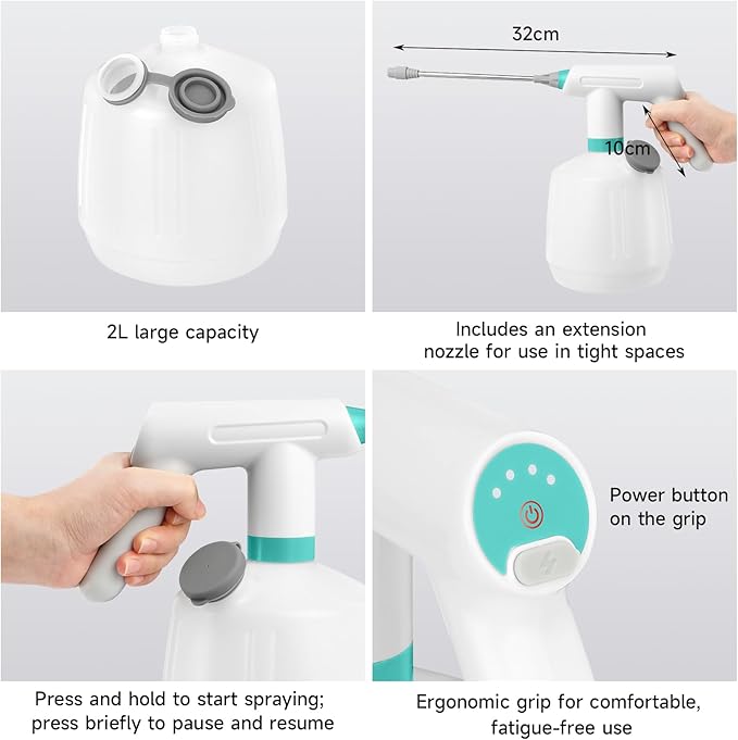 SANLIKE Electric Spray Bottle 2L Pump Sprayer Plant Mister, Automatic Watering Can Rechargeable Battery Powered Pressure Bottle with Adjustable Spout 2 Spray Types for Garden, Fertilizing, Cleaning