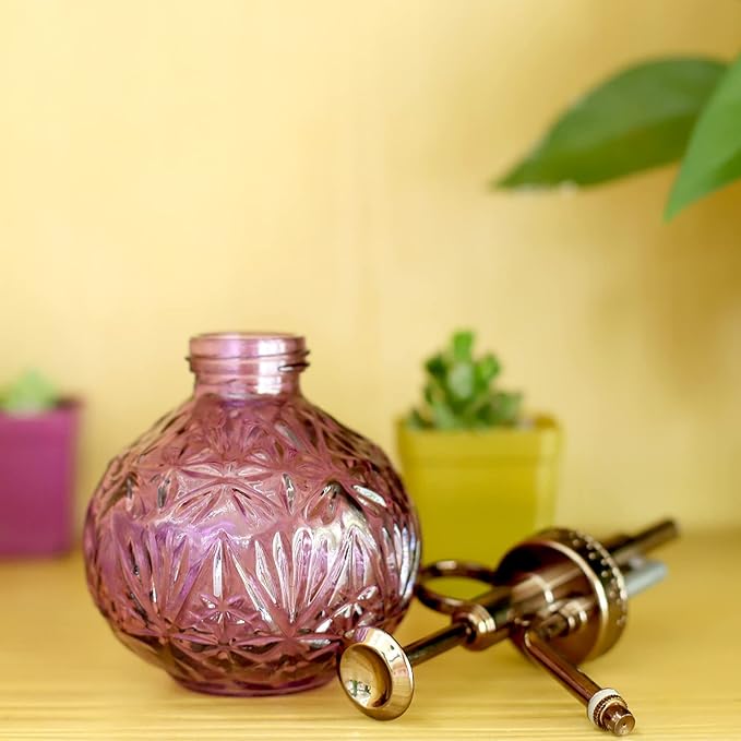 Hniuyun Glass Plant Mister Spray Bottle, 6.5inch Tall Vintage Round Spritzer with Bronze Plastic Top Pump for Watering Your Garden (Purple)