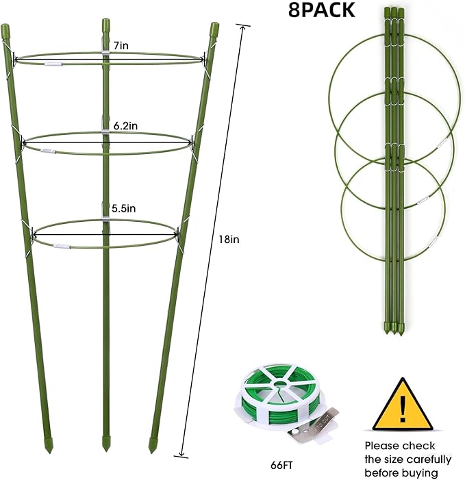 TOCCYARD 8 Pack Plant Support Tomato Cages for Garden, 18 Inches Small Tomato Cages and Supports with Adjustable Rings for Garden Pots, Plant Stakes Tomato Trellis Rings for Climbing Plants