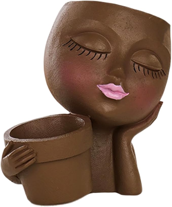 Lady Face Resin Planter Pot - Dual Planting Spaces & Drainage Holes, Indoor/Outdoor Decor for Succulents/Cactus - Unique Gift for Plant Lovers (Brown)