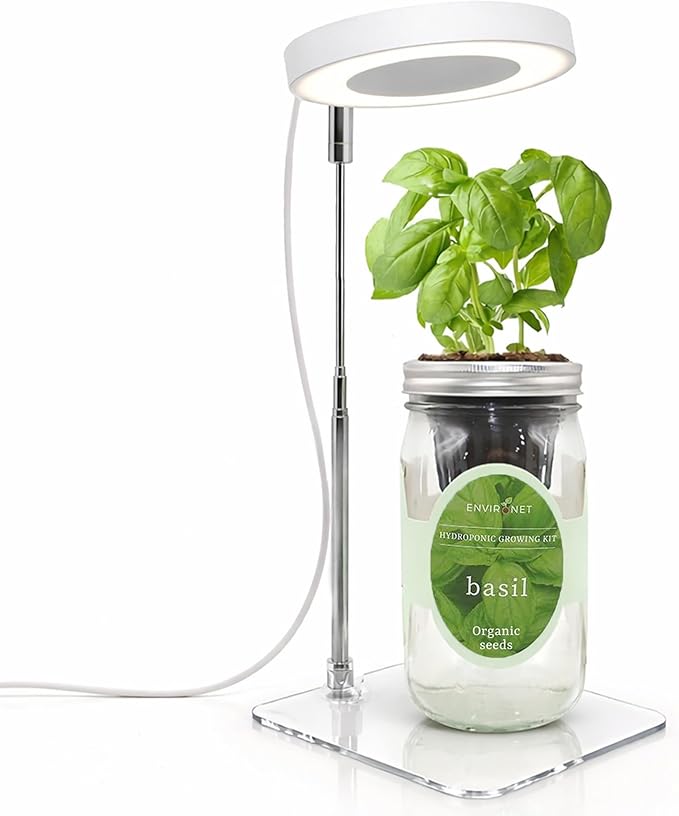 Indoor Herb Garden Kit with LED Grow Light – Hydroponic Mason Jar Basil Growing Kit with Organic Seeds, Self Watering Indoor Gardening System, No Soil Needed, Perfect for Kitchen Windowsill