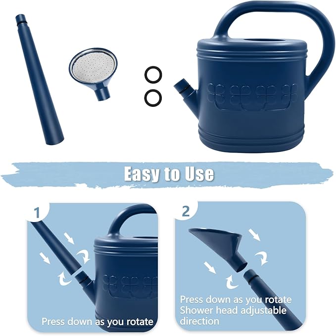 Watering Can for Indoor & Outdoor Plants, Plant Watering Can with Stainless Steel Shower Head, 1 Gallon Plastic Watering Can for Garden, Flowers, Vegetable, Greenhouse (Dark Blue, 1 Gallon)