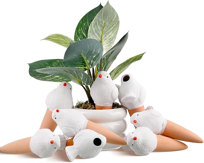 Sliner 8 Pack Bird Shaped Plant Watering Globes Self Watering Planter Insert Terracotta Irrigation Globe Devices with Slow Release Automatic Water Spike for Indoor Outdoor Potted Plant(White)