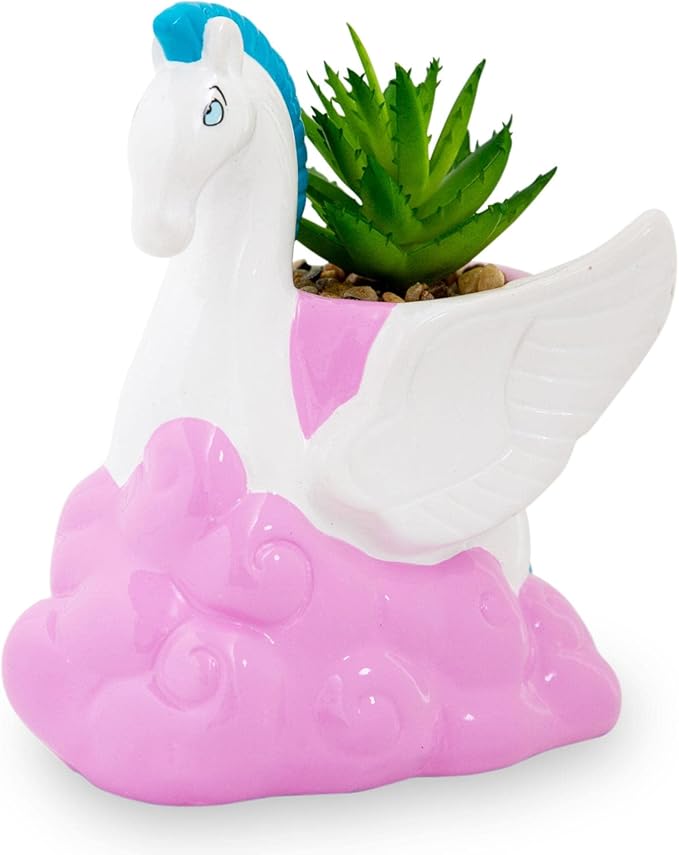 Silver Buffalo Disney Hercules Pegasus 3-Inch Ceramic Mini Planter with Artificial Succulent | Small Flower Pot, Faux Indoor Plants for Desk Shelf, Home Decor