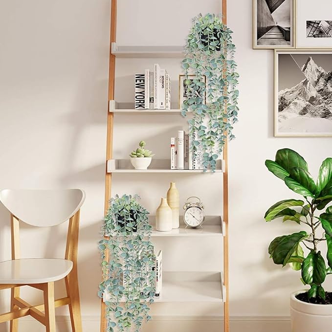 Artificial Hanging Plants, 2 Pack Fake With Pot, Eucalyptus, Indoor Faux Drooping, Potted for Office Desk Living Room Balcony