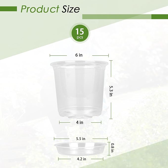 FUIJOL 6 Inch Clear Nursery Pots for Plants with Sacuers 15 Pack, Plastic Flower Pots with Drainage Holes, Variety Pack Seedlings Garden Pot for Indoor Outdoor (6 inch)