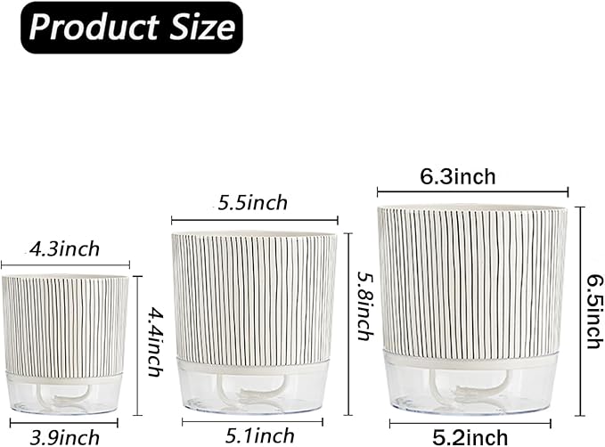 3 Pack 4.3+5.5+6.3 Inch Self Watering Pots Set, Self Watering Planter with Reservoir and Wick Rope for Indoor/Outdoor Plants, Modern Houseplants Pots for African Violets,Cactus,Succulents