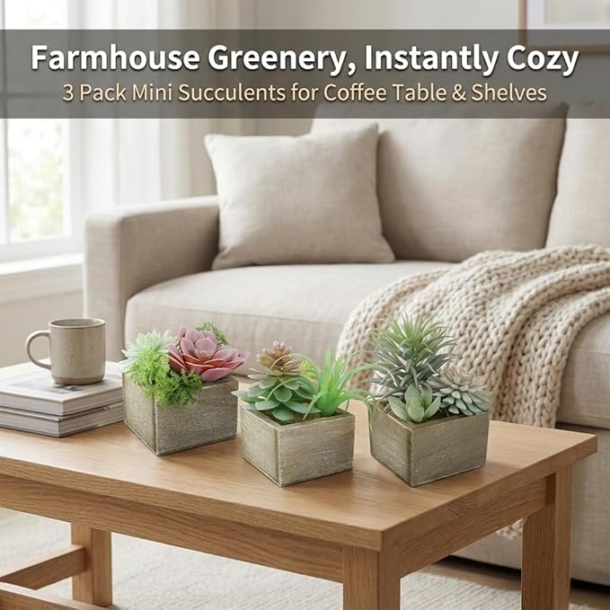 Succulent Plants Artificial, 3 Pack Small Fake Plants in Wood Pot for Home Decor, Farmhouse Artificial Plants Indoor for Living Room Bathroom Bedroom Office Kitchen Desk Wedding Coffee Table Decor