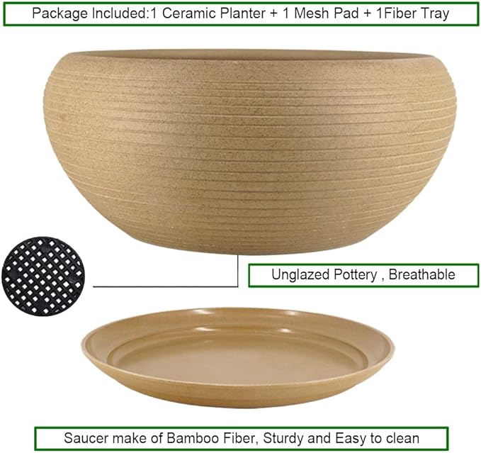 MUZHI 9.5” Round Large Ceramic Bonsai Bowl Planter，Clay Succulent Plant Pot Container with Saucer