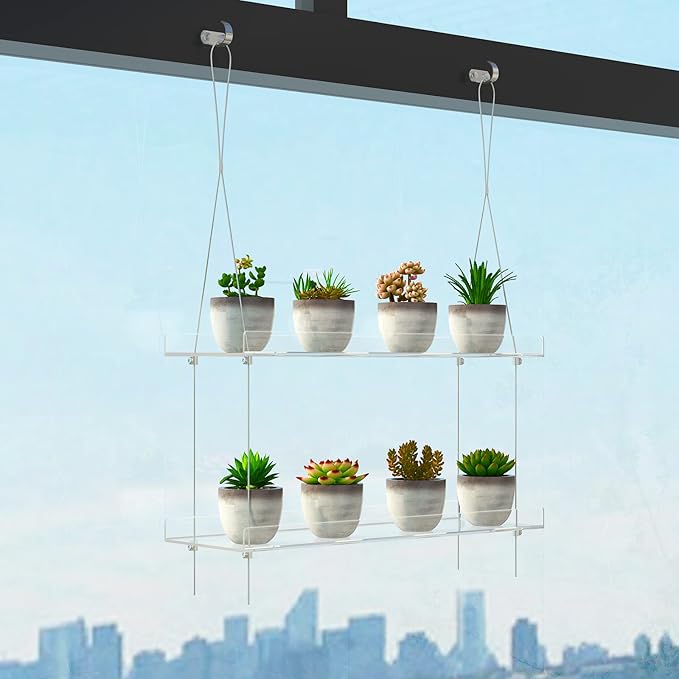 OtNiap 2-Tier Clear Hanging Window Plant Shelves 16inch,Indoor Windows Wall Hanging Plant Stand Flower Display,Flower Pot Organizer Storage for Window Grow Herbs,Microgreens,Succulents,Flower