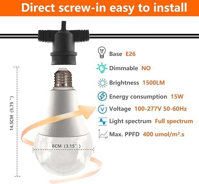 Grow Light Bulbs LED Growth Bulb A25, Full Spectrum Plant Light E26 Base 15W, houseplant Growting lamp, Seed Start, Greenhouse Indoor or Outdoor (Grow Bulb (6 Lights and Cord))